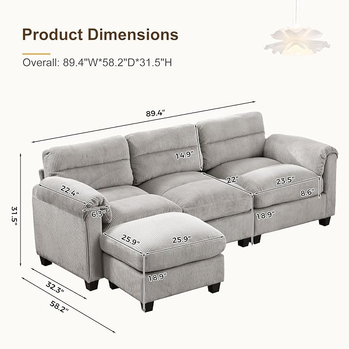 90 Wide Modular L Shaped Sofa Couch with Movable Ottoman Convertible Corduroy Sectional Couches with Reversible Chaises and Rolled Arm for Living Room Grey