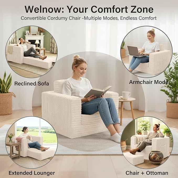 Welnow Folding Sofa Bed with Ottoman Convertible 2-in-1 Boneless Couch Futon Lounge Chair Bed for Adults Comfy Fold Out Sleeper Sofa for Small Spaces Living Room Bedroom or Dorm Beige