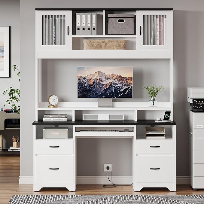 Bestier 77.8 H Executive Desk with Hutch Modern Wood Computer Desk with Drawers Charging Station LED Light Fluted Storage Cabinet Keyboard Tray 59 W Office Desk for Home Office White