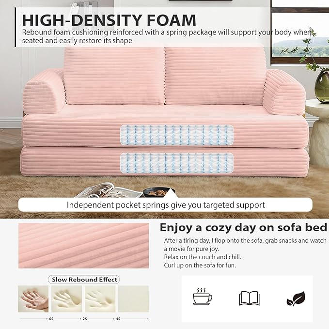 Convertible Folding Sofa Bed Modern Futon Sleeper Sofa Fold Out Couch Bed with Gold Fixed Frame Modular Floor Sofas Comfy Corduroy Boneless Couches for Living Room (80 Pink)