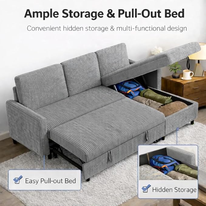 JAMFLY Pull Out Sleeper Sectional Sofa L Shaped Corduroy Couch with Hidden Storage Convertible Sofa Bed for Small Living Rooms and Apartments Light Grey