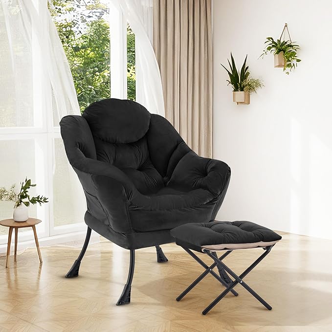 Lazy Chair with OttomanOversized Accent Chair with Thick Cushion Side PocketModern Lounge Arm Reading Chair and Folding Footrest for Living RoomBedroomOfficeDormApartment Black