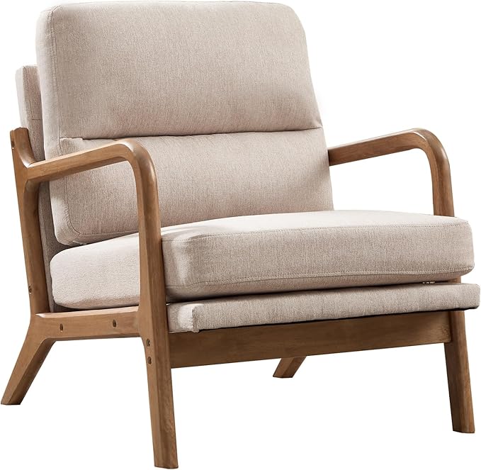 Bonzy Home Mid Century Modern Accent Chair Upholstered Reading Armchair with Solid Wood Frame &amp Thick Cushion Comfy Lounge Chair for Living Room Bedroom Apartment Beige