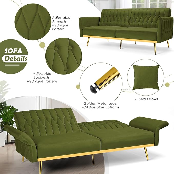 70 Velvet Futon with Adjustable Backrest and Armrests Sofa Bed with Extra Pillows for Waiting Room Living Room and Office Olive Green