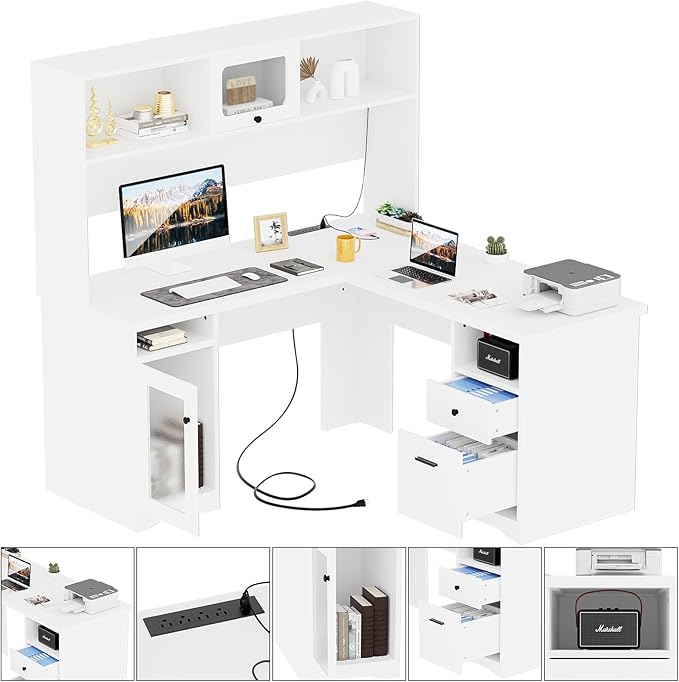Unikito L Shaped Desk with Drawers 60 Inch Office Desk with Power Outlet and LED Lights Sturdy Corner Computer Desk with Hutch and File Cabinets 2 Person Home Office Gaming Table White
