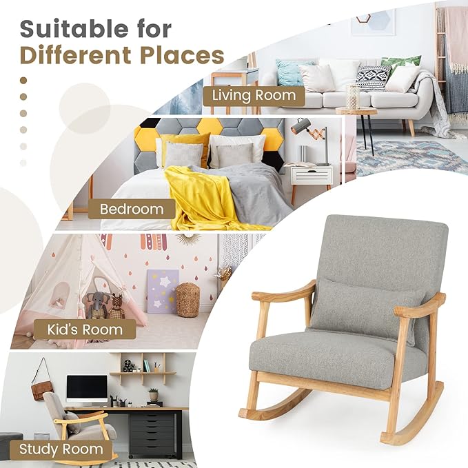 Giantex Upholstered Rocking Chair - Modern Rocker with Rubber Wood Frame Comfy Backrest &amp Seat PP Padded Pillow Single Rocking Chair for Living Room Nursery Bedroom Lounge Office Grey