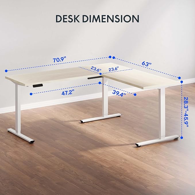 FLEXISPOT L Shaped Standing Desk 71 x 63 Inch Electric Height Adjustable Corner Desk Sit Stand Computer Workstation Preset Controller Home Office White Frame with Maple Top