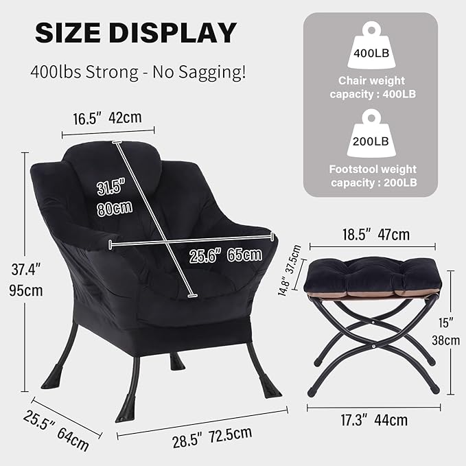 Tiita Lazy Chair with Ottoman Black Modern Large Accent Chair Comfy Leisure Sofa Armchair with Ottoman Reading Chair with Footrest for Bedroom Living Room Dorm Rooms Velvet Black