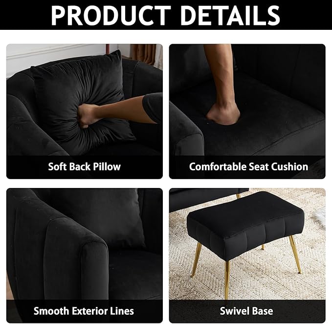 Karl home Velvet Accent Chair Set Barrel Chair with Ottoman Modern Club Chair Reading Armchair with Lumbar Pillow for Living Room Bedroom Study Room Home Office Black