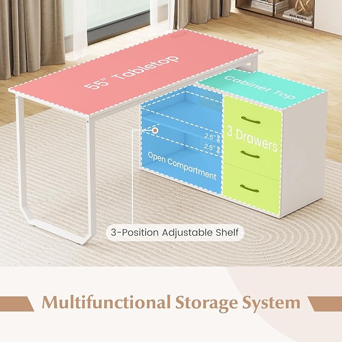 Tangkula 55 Reversible L Shaped Desk with 3 Drawers Home Office Desk with Adjustable Shelf &amp Power Outlet Study Writing Table Computer Workstation for Small Space Corner Desk (White)
