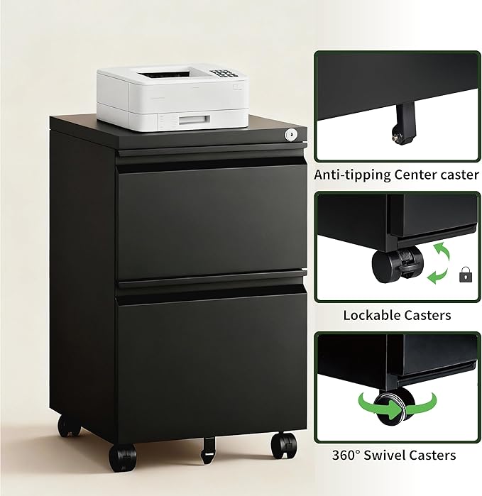 2 Drawer File Cabinet with LockRolling Filing Cabinet with Wheels for Home OfficeUnder Desk Metal File CabinetOffice Storage OrganizerBlack