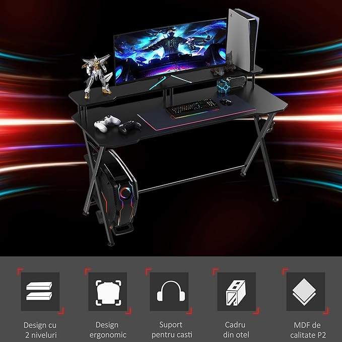 HOMCOM 55 inch Gaming Desk Racing Style Computer Office PC Gamer Workstation with Elevated Monitor Stand Headphone Hook Black