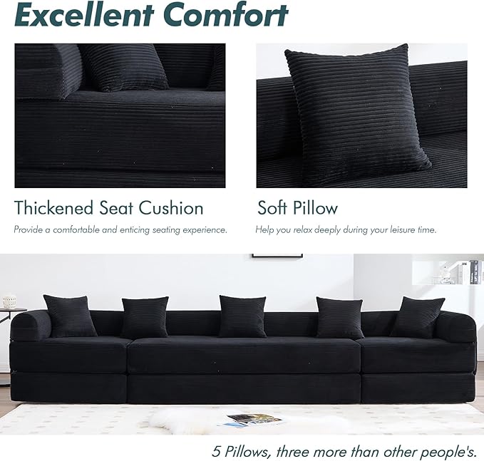10-in-1 Folding Convertible Sofa Bed 141 Inch Boneless Couch with Fixed-Shape Frame Corduroy Modular Sectional Sofa Mattress Sleeper Sofa Floor Sofa Futon Couch for Living Room (Black)