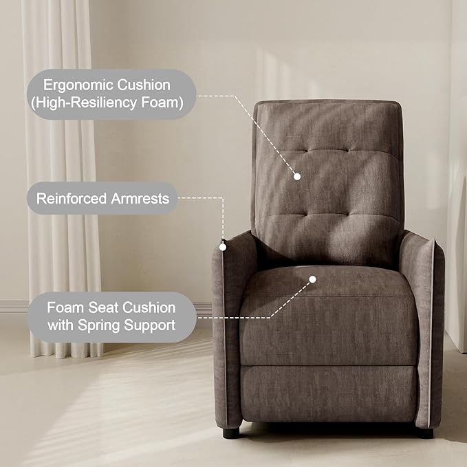 Chenille Fabric Recliner Chair for Adults - Manual Push Back Reclining Sofa with Sturdy Metal Frame Overstuffed High-Density Foam Adjustable Footrest for Living Room Home Theater (Brown)