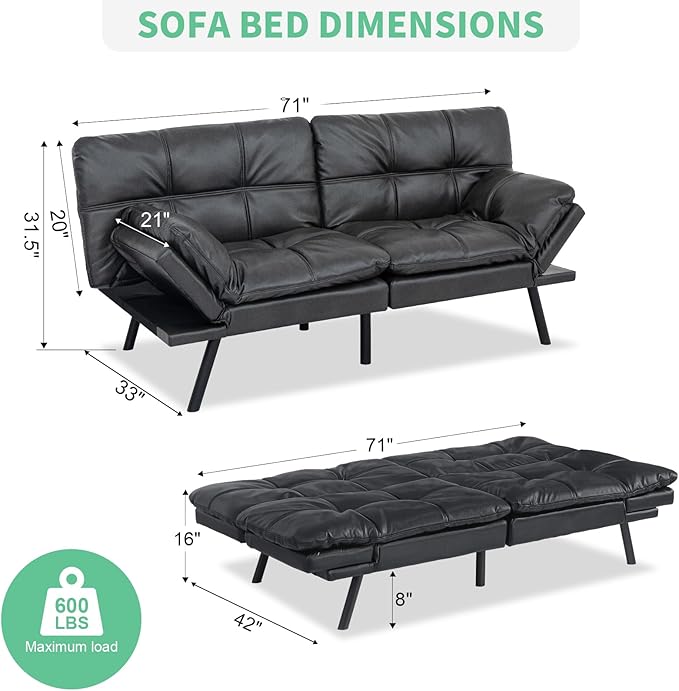 MUUEGM Futon Couch with 71 Adjustable High Density Memory Foam Futon Sofa Bed Modern Design Sofa Bed for Living Room Sleeping and Relaxing(Leather Matte Black)