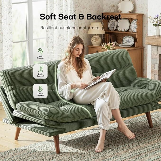Marsail Futon Sofa Bed 66” Futon Couch with Adjustable Backrest &amp Armrests Convertible Small Sleeper Sofa Bed for Small Apartments Study Room Office Corduroy Loveseat Olive Green