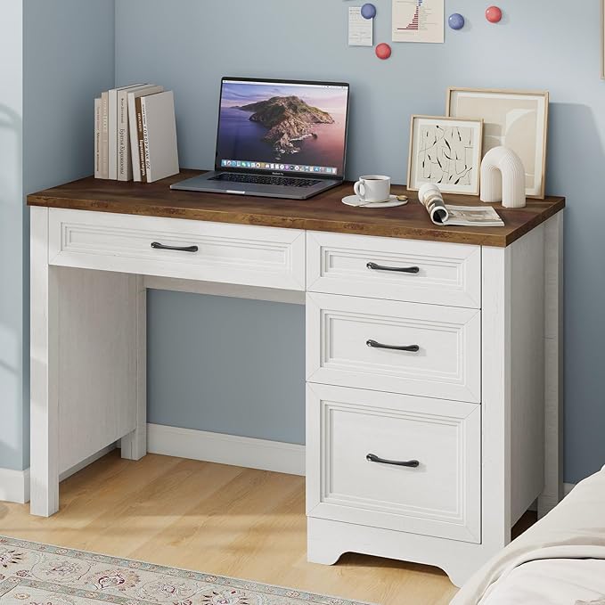 Farmhouse Executive Desk with Drawers Wood Computer Desk with Ample File Drawer Rustic Home Office Desk with Storage for Bedroom Living Room White