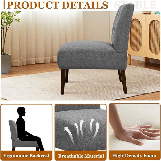 Modern Accent Chair for Living Room Upholstered Armless Slipper Chair with Back &amp Wood Legs Comfy Small Chair for Bedroom Living Room Reading Spaces Office (Gray2)