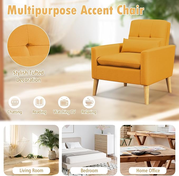 Giantex Modern Accent Chair Mid-Century Linen Fabric Armchair w/Lumbar Pillow Back &amp Seat Cushion Comfy Single Sofa Chair with Rubber Wood Legs for Living Room Bedroom Reading Room Yellow