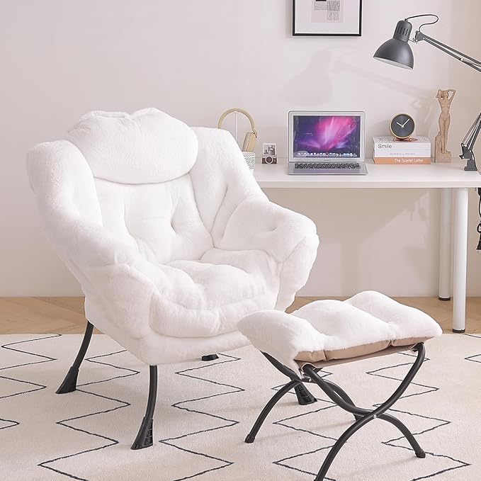 Tiita Lazy Chair with Ottoman White Modern Large Accent Chair Comfy Leisure Sofa Armchair with Ottoman Reading Chair with Footrest for Bedroom Living Room Dorm Rooms Plush White