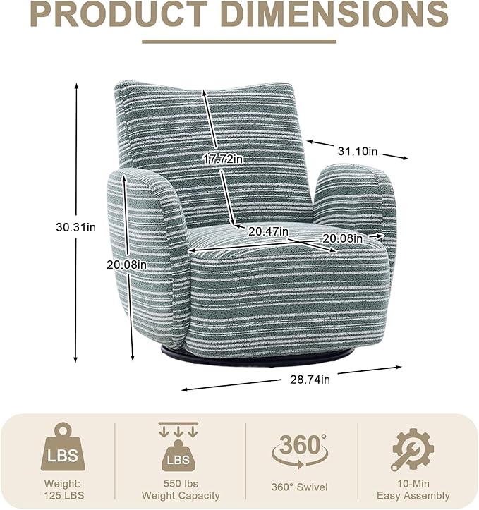 360° Swivel Accent Chair with Armrest Modern Striped Upholstered Lounge Chair Stable Round Base &amp Sturdy Metal Frame Armchair for Bedroom Living Room Office &amp Vanity (Mint Green)