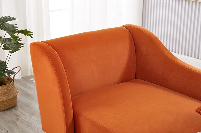 58 Modern Velvet Sofa Chaise with Tilted Backrest Comfortable Luxurious Lounge Chair with Curved Armrests Stylish Sofa Couch with Solid Wood Legs for Apartment Bedroom Living Room Orange