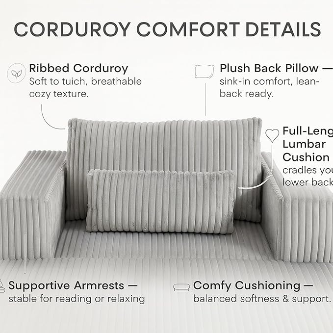 KEIKI Chaise Lounge Chair Indoor with Ottoman 62.6 D Oversized Sleeper Chair Corduroy Upholstered Comfy Sofa for Bedroom Living Room Office Grey
