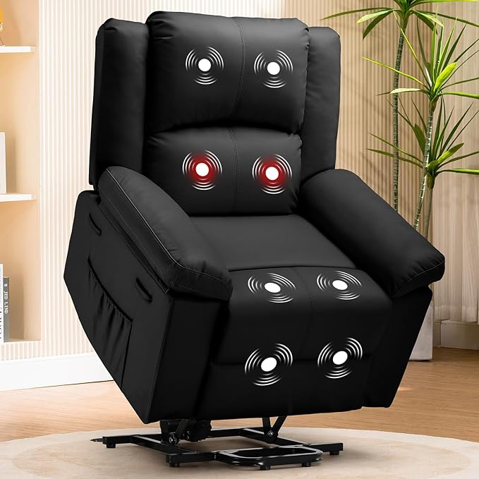 COMHOMA Power Lift Recliner for Elderly Lift Chair with Heat and MassagePU Recliner Sofa with 2 Side Pockets and Infinite Position for Living Room Black