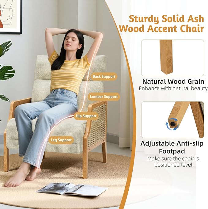 Rattan Accent Chair Set of 2 Mid Century Modern Armchair with Back Cushions and Ash Wood Legs Arm Chair for Living Room Beige