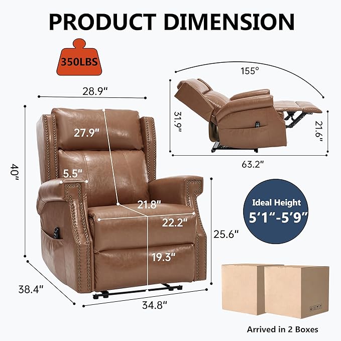KEIKI Oversized Recliner Chair Manual Leather Recliner Chair with 8 Vibration Back Massager and Heating for Living Room Fiber Foam Moderen Rocking Lounge Reading Chair Camel