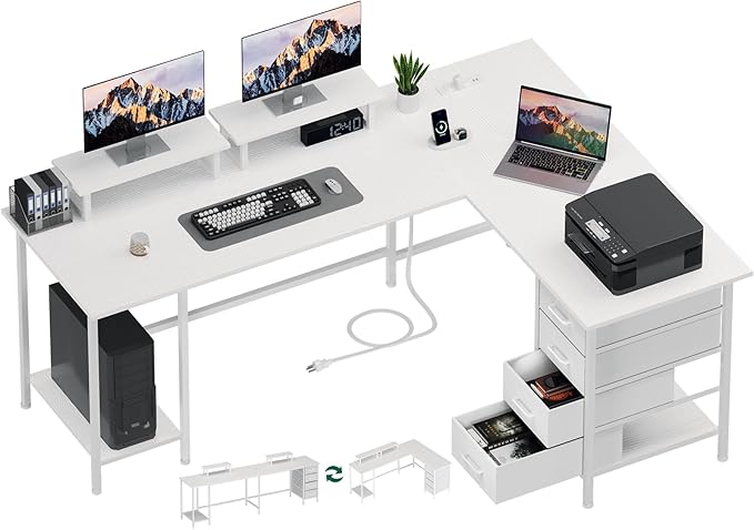 66 L Shaped Computer Desk 94.4'' Home Office Desk with Power Outlets 4 Adjustable Storage Drawers &amp 2 Monitor Stands Large Two Person Gaming Table for Writing Study White