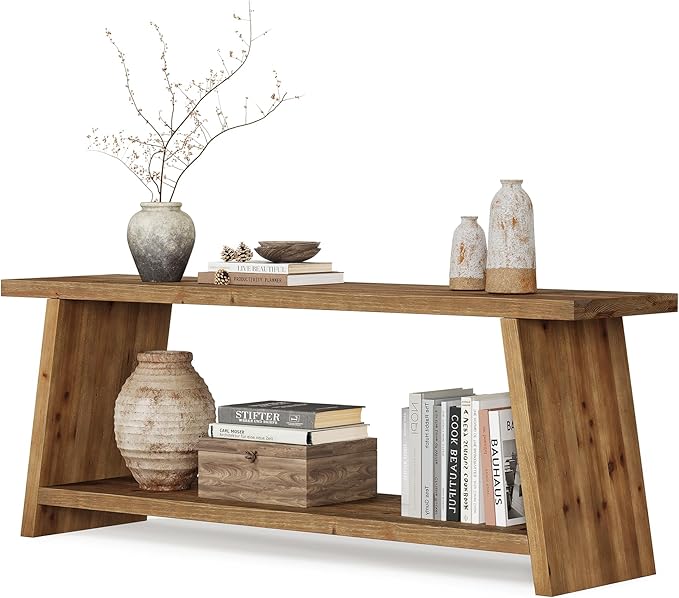 LITTLE TREE Solid Wood TV Stand Farmhouse Media Console for 55/60/65 inch TV 2-Tier Mid-Century Modern TV Stand with Storage for Living Room Entertainment Center (Walnut 63-Inch)