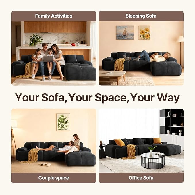 113 Modern L-Shaped Modular Sectional Sofa for Living Room Corduroy Upholstery Black 3-Seater Cloud Couchand Movable Ottoman – No Assembly Black