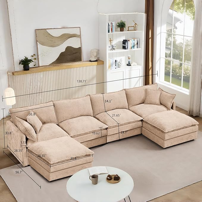 130 Modular Sectional Sofa with Movable Ottoman Convertible L Shaped Chenille Cloud Couch Oversize Comfy 4-Seater Deep Seat Sofa Couches for Living Room Apartment (Coffee 130)