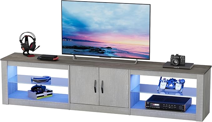 Bestier 80 Inch TV Stand for 75/77/85/86 inch TVs LED Gaming Entertainment Center for PS5 with Storage Cabinet &ampAdjustable Glass Shelves Modern TV Console Table for Living Room Bedroom Wash Whi
