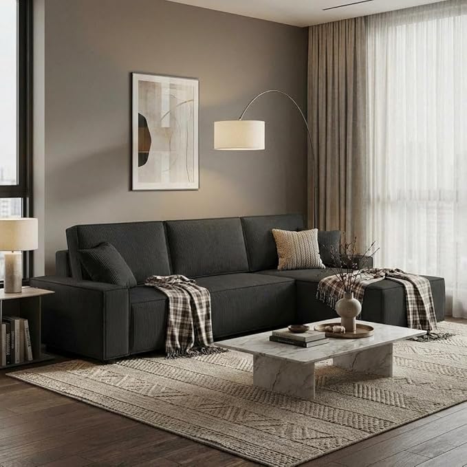 GAOMON Fine Stripe Corduroy Sectional Sofa l Shaped Modern Corduroy Couch Comfy Sofa Couch with Deep Chaise for Living Room Apartment Hotel 96 w*61 d*32 h Black