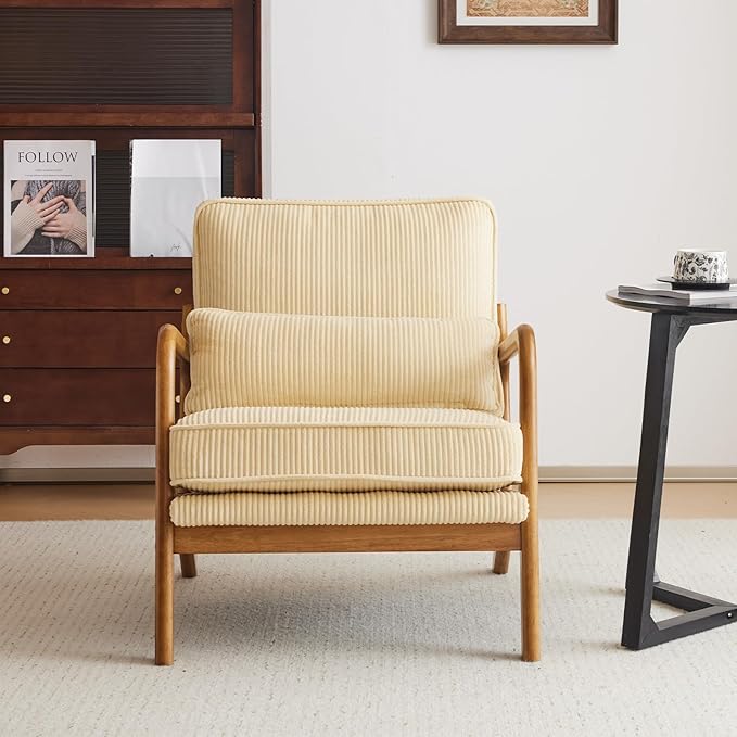 Karl home Mid-Century Modern Accent Chair Living Room Chairs with Pillow Corduroy Upholstered Lounge Armchair with Solid Wood Frame &amp Soft Cushion for Bedroom Reading Room Beige &amp Yellow