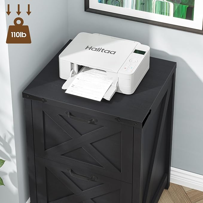 2 Drawer Small File Cabinet Farmhouse Vertical Filing Cabinet Fits Letter and A4 Size Under Desk Wooden File Cabinets for Home Office Printer Stand Black