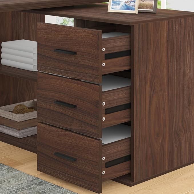 HSH Walnut Home Office Desk L Shaped with Drawers Reversible Wood Computer Desk Table for Executive Work Writing Study Gaming Rustic Corner L Desk with Storage Cabinet Shelves for Bedroom 55 Inch
