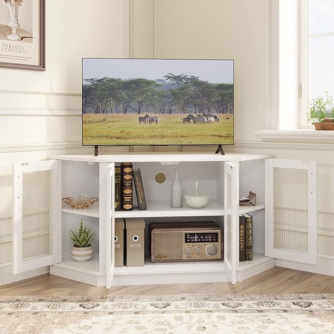 Panana Corner TV Stand - 47 Inch Media Console with 4 Doors and Shelves Living Room Storage for TVs up to 51 Inch (White)