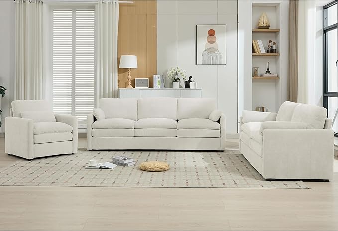 3-Piece Cozy Upholstered Sofa Set Upholstered Sofa Set with Single Sofa Loveseat and 3-Seater Sofa Oversized Comfy Cloud Sofa for Living Room Office Apartment (Beige-4c)