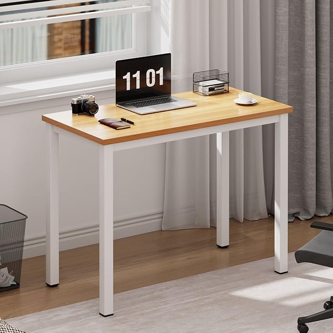 Need 31 Inch Small Computer Desk Modern Simple Style Writing Desk for Home Office Basic PC Work Desk with White Metal Frame Teak