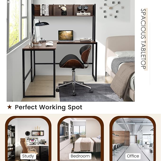 MEDIMALL L-Shaped Desk w/Storage Shelf Reversable Corner Desk Game Table w/Sturdy Metal Frame Multifunctional Computer Desk for Home Office (Walnut)