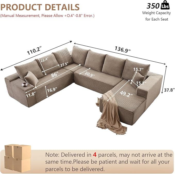 Cloud Modular Sectional Sofa for Living Room137x110 Oversized U-Shaped Couch with 9 PillowsBig Comfy Couches SetFluffy Deep-Seat Corduroy Sofa with ChaiseNo Assembly (CamelRight-Facing Chaise)
