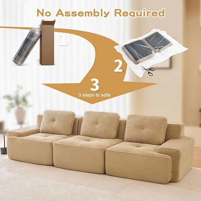 117 Modern Corduroy Cloud Sofa Boneless Modular Large Sectional Couches for Living Room Camel 3 Seater Compressed Memory Foam Couch Extra Deep Seat No Assembly
