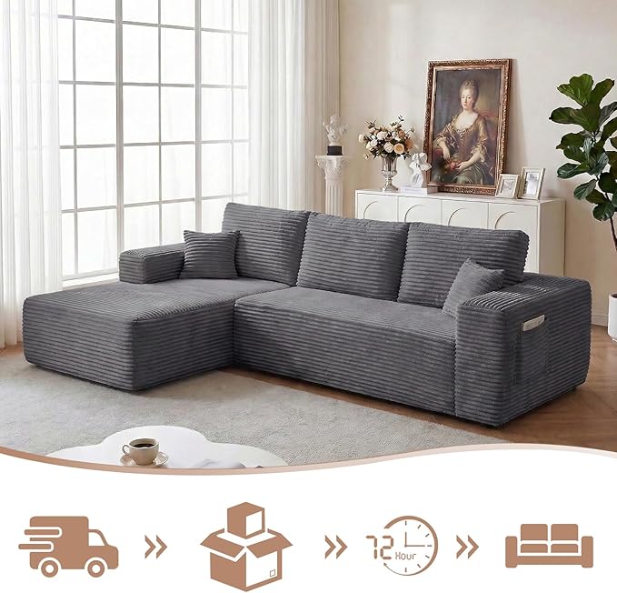 104 inch Boneless L-Shaped Sectional Sofa with Throw Pillow &amp Side Pockets- No Assembly Compressed Modular Couch Memory Foam Deep Seat for Living Room Bedroom Apartment Grey Left