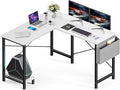 50-Inch White L-Shaped Wooden Tabletop Home Office Desk with Reversible Corner and Metal Frame Including Main Stand and Side Pocket for Gaming Working and Studying