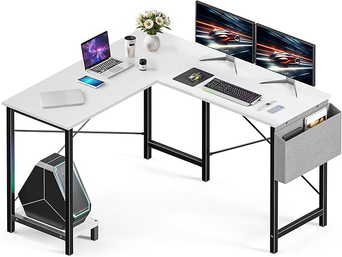 50-Inch White L-Shaped Wooden Tabletop Home Office Desk with Reversible Corner and Metal Frame Including Main Stand and Side Pocket for Gaming Working and Studying