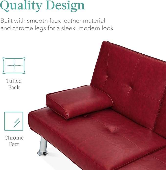 Best Choice Products Faux Leather Upholstered Modern Convertible Futon Adjustable Folding Sofa Bed Guest Bed w/Removable Armrests - Burgundy