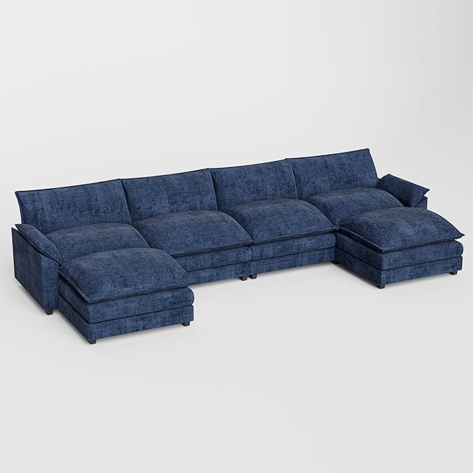 JUMMICO 159” Sectional Sofa Modern Deep 3-Seat Sofa Couch with Reversible Ottoman U-Shaped Chenille Fabric Modular Sofa Sleeper Comfy for Living Room/Bedroom/Apartment (Blue U Shaped Sofa)